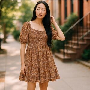 Wild Fable Puff Sleeve Mini Dress Size Small Floral Tiered Fall Brown Pink